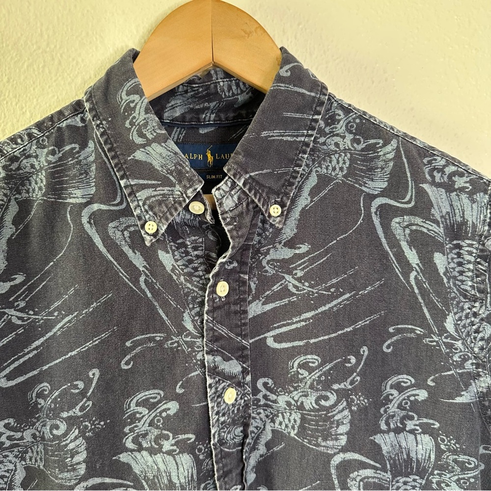 Ralph Lauren Men’s L Blue Koi Fish Short Sleeve Shirt - Picture 3 of 7